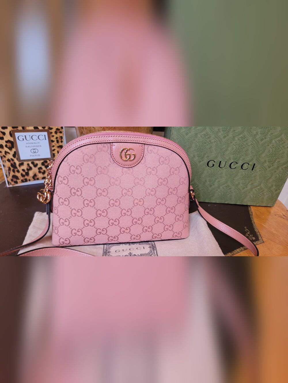 NWT GUCCI GG OPHIDIA PINK MONOGRAM CANVAS LEATHER DOME CROSSBODY BAG ROSE GOLD